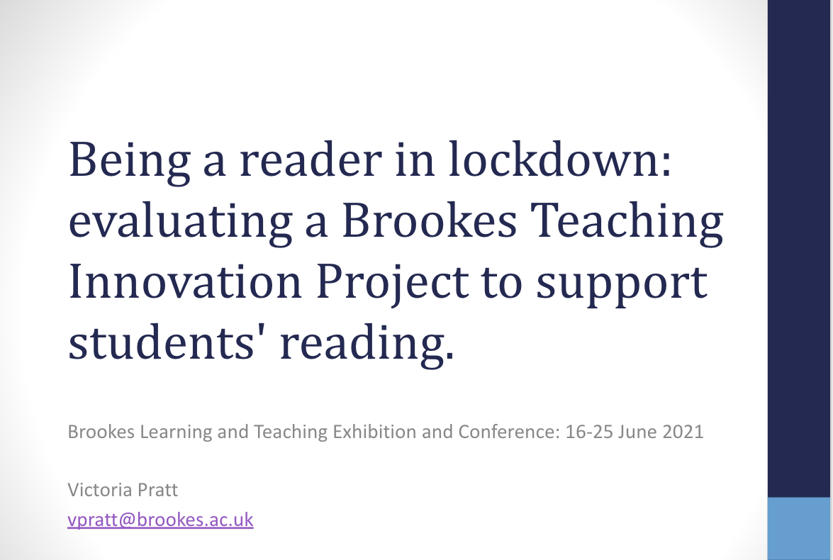 Front slide from Being a reader in lockdown: Evaluating a Brookes Teaching Innovation Project to support students' reading